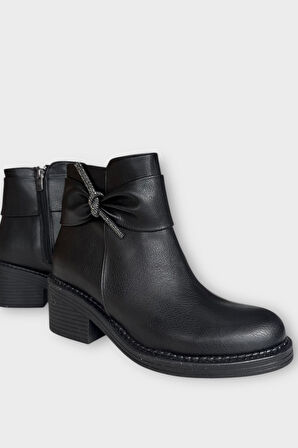 Taş Detaylı Kalın Topuklu Kadın Bot SİYAH - GÜMÜŞ