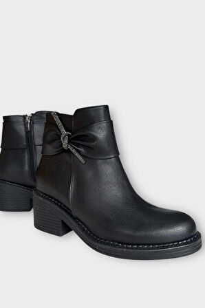 Taş Detaylı Kalın Topuklu Kadın Bot SİYAH - GÜMÜŞ