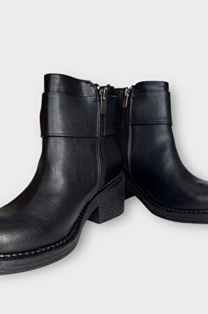 Taş Detaylı Kalın Topuklu Kadın Bot SİYAH - GÜMÜŞ