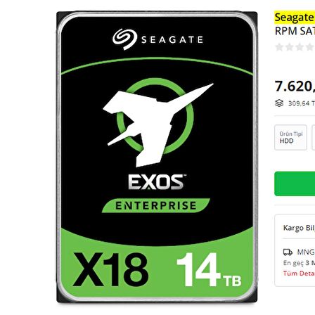 Seagate Exos X18 ST14000NM000J 14TB 256MB 7200RPM Sata 3.5" Hard Disk