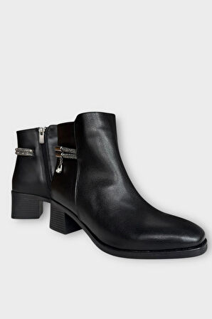 Kadın Taş Zincir Detaylı Topuklu Kadın Bot SİYAH