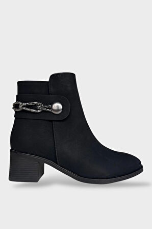 Kadın Taş Zincir Detaylı Topuklu Kadın Bot SİYAH - FÜME