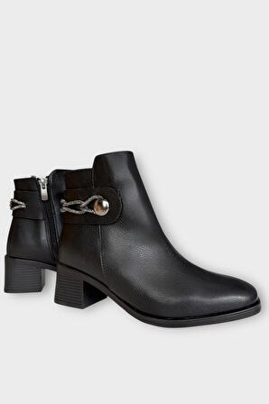 Kadın Taş Zincir Detaylı Topuklu Kadın Bot SİYAH - GÜMÜŞ