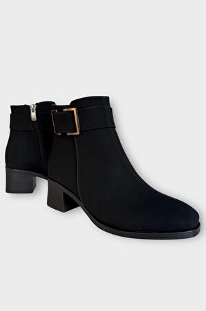 Toka Detaylı Kalın Topuk Sivri Burun Kadın Bot SİYAH - SİYAH