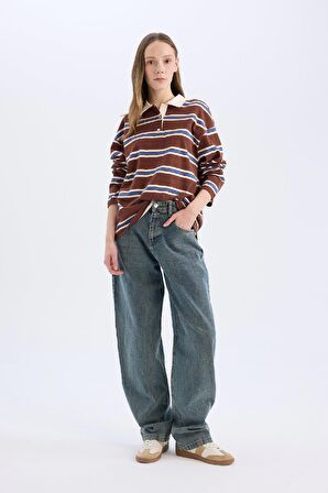 DeFacto Coool Loose Fit Polo Yaka Çizgili Uzun Kollu Tişört E4915AX25SPBN319