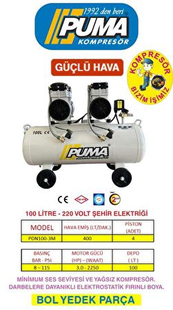 SESSİZ YAĞSIZ PİSTONLU KOMPRESÖR - 100 Lt - 3 HP - 8 Bar - Hava Üretimi: 400 Lt/dk. - 220 Volt
