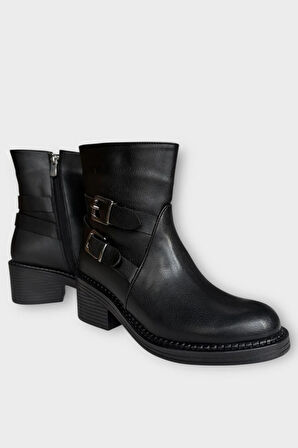 Toka Detaylı Topuklu Fermuarlı Kadın Bot SİYAH