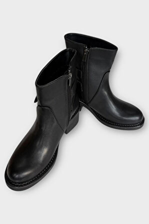 Toka Detaylı Topuklu Fermuarlı Kadın Bot SİYAH