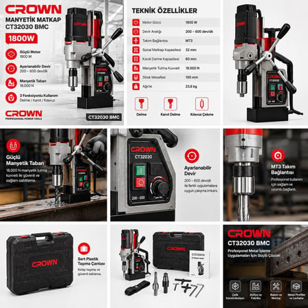 Crown Manyetik Matkap 1800W CT32030 BMC