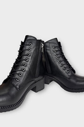 Kadın Bağcık Detaylı Fermuarlı Kalın Topuk Bot  SİYAH