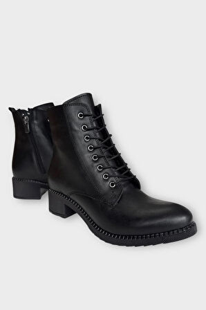 Kadın Bağcık Detaylı Fermuarlı Kalın Topuk Bot  SİYAH