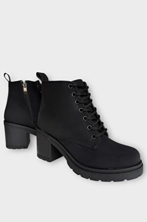 Kadın Bağcık Detaylı Fermuarlı Kalın Topuk Bot  SİYAH - FÜME