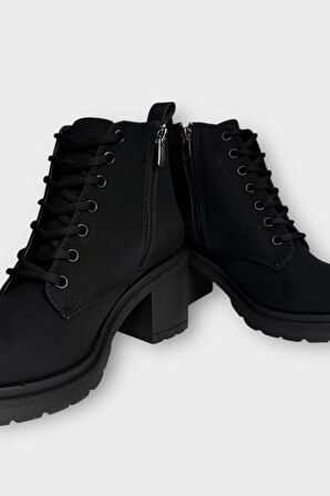 Kadın Bağcık Detaylı Fermuarlı Kalın Topuk Bot  SİYAH - FÜME