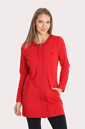 Kadın Kırmızı Iki Iplik Cepli Bisiklet Yaka Taşlı Boncuklu Fermuarlı Tunik Alt-üst Takım - 7461