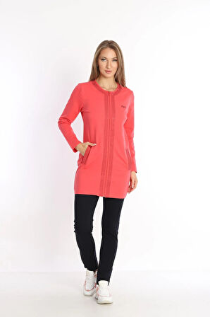 Kadın Nar Çiçeği Iki Iplik Cepli Bisiklet Yaka Taşlı Boncuklu Fermuarlı Tunik Alt-üst Takım - 7461