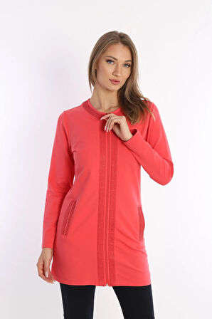 Kadın Nar Çiçeği Iki Iplik Cepli Bisiklet Yaka Taşlı Boncuklu Fermuarlı Tunik Alt-üst Takım - 7461