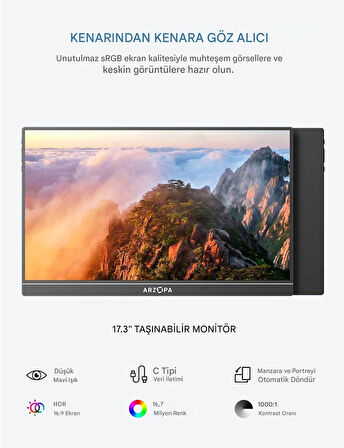Arzopa A1M 17.3" Full HD 60Hz IPS Ultra İnce Taşınabilir Monitör