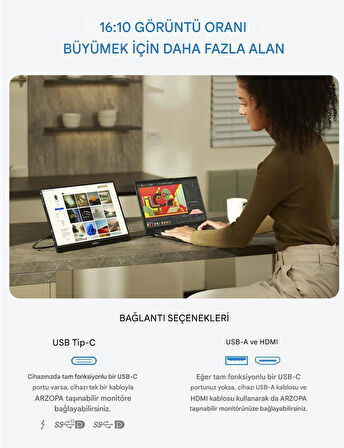 Arzopa Z1RC 16" 2.5K 60Hz IPS Parlak QHD Ekran Taşınabilir Monitör