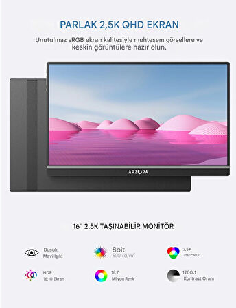 Arzopa Z1RC 16" 2.5K 60Hz IPS Parlak QHD Ekran Taşınabilir Monitör