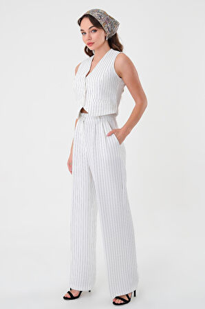 Kadın Beyaz Çizgili Yelek Pantolon Takım