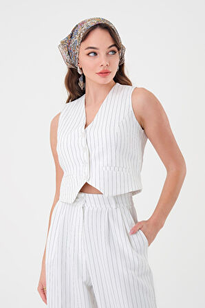 Kadın Beyaz Çizgili Yelek Pantolon Takım