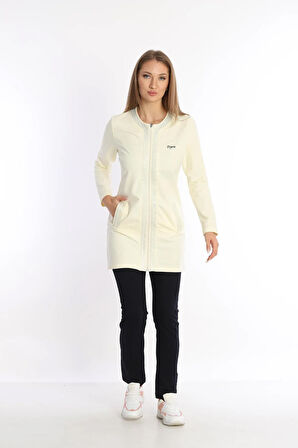 Kadın Ekru Iki Iplik Cepli Bisiklet Yaka Taşlı Boncuklu Fermuarlı Tunik Alt-üst Takım - 7461