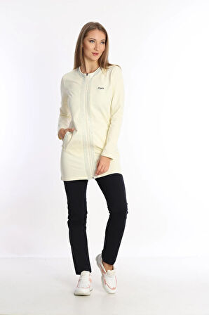 Kadın Ekru Iki Iplik Cepli Bisiklet Yaka Taşlı Boncuklu Fermuarlı Tunik Alt-üst Takım - 7461