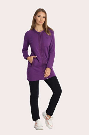 Kadın Mor Iki Iplik Cepli Bisiklet Yaka Taşlı Boncuklu Fermuarlı Tunik Alt-üst Takım - 7461