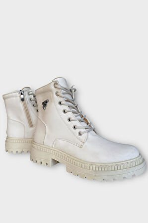 Kalın Taban Bağcıklı Fermuarlı Kadın Bot KREM