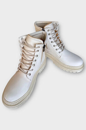 Kalın Taban Bağcıklı Fermuarlı Kadın Bot KREM