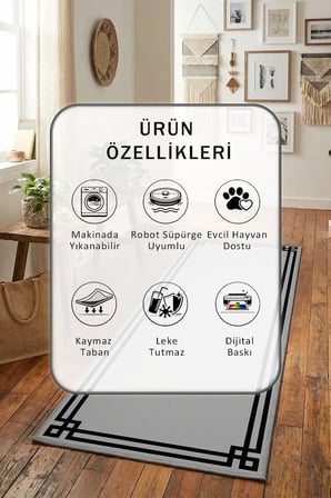 Yıkanabilir Kaymaz Çerçeve Klasik Gri Siyah Dijital Baskılı Yolluk Halı Tüy Tutmaz Gri Siya