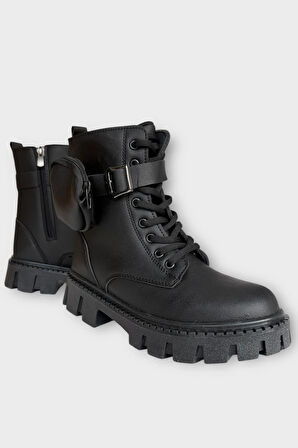 Kadın Çanta Detay Yüksek Kalın Taban Bağcıklı Fermuarlı Bot SİYAH