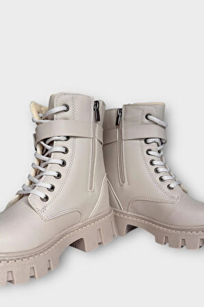 Kadın Çanta Detay Yüksek Kalın Taban Bağcıklı Fermuarlı Bot BEJ