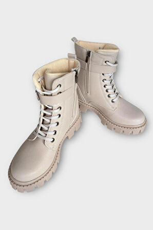 Kadın Çanta Detay Yüksek Kalın Taban Bağcıklı Fermuarlı Bot BEJ