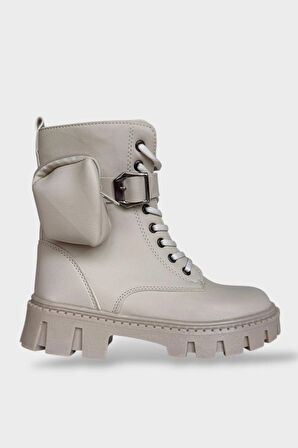 Kadın Çanta Detay Yüksek Kalın Taban Bağcıklı Fermuarlı Bot BEJ