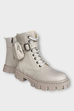 Kadın Çanta Detay Yüksek Kalın Taban Bağcıklı Fermuarlı Bot BEJ