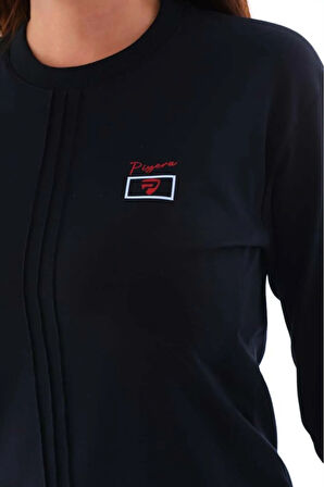 Kadın Sweatshirt Lacivert Iki Iplik Üst Dikiş Detaylı Uzun Kol Lastikli Paça Eşofman Takım - 7643