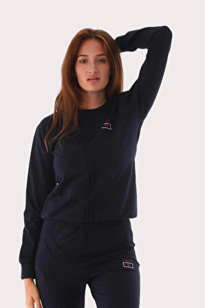 Kadın Sweatshirt Lacivert Iki Iplik Üst Dikiş Detaylı Uzun Kol Lastikli Paça Eşofman Takım - 7643