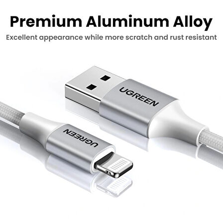 Ugreen Lıghtnıng To Usb-a Örgülü Mfi Sertifikalı İphone Hızlı Şarj Kablosu 2 Metre Gümüş 60163