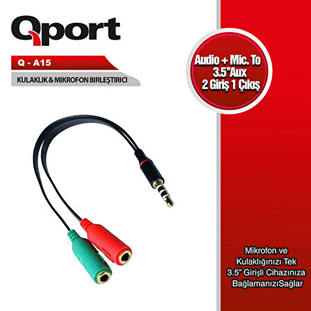 Qport Q-a15 Audio+mic=> 3.5mm 15cm Kulaklık Çeviri