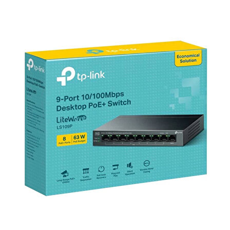 Tp-lınk Ls109p 8 Port 10/100 +1 Port Rj45 Uplınk 63w 250 Metre Poe Mesafe Metal Kasa Swıtch
