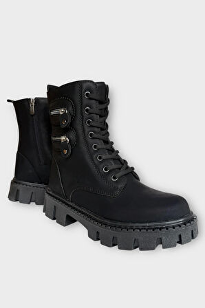 Kadın Fermuarlı Kalın Taban Bot SİYAH - GÜMÜŞ