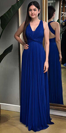 Saks Kalın Askı  Sırt Dekolteli  Kloş Etekli Şiifon Tül Uzun Abiye Elbise 7645