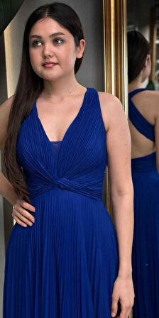 Saks Kalın Askı  Sırt Dekolteli  Kloş Etekli Şiifon Tül Uzun Abiye Elbise 7645