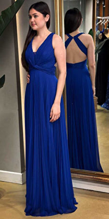 Saks Kalın Askı  Sırt Dekolteli  Kloş Etekli Şiifon Tül Uzun Abiye Elbise 7645