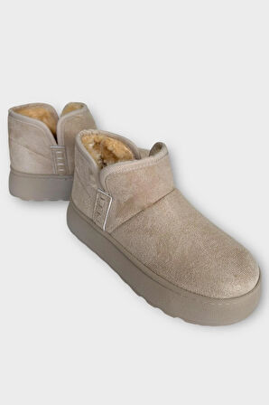 Süet İçi Kürklü Kalın Taban Kadın Bot BEJ