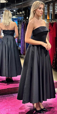 Siyah Kloş Etekli Saten Midi Abiye Elbise 7647