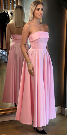 Pembe Kloş Etekli Saten Midi Abiye Elbise 7647