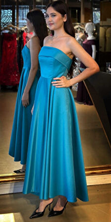 Turkuaz Straplez Yaka Kloş Etekli Saten Midi Abiye Elbise 7647