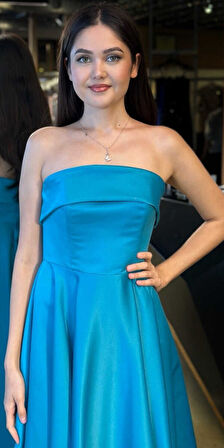 Turkuaz Straplez Yaka Kloş Etekli Saten Midi Abiye Elbise 7647